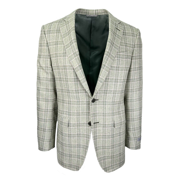 Canali Kei Blazer in Green Prince of Wales Linen, Silk and Wool Jacket